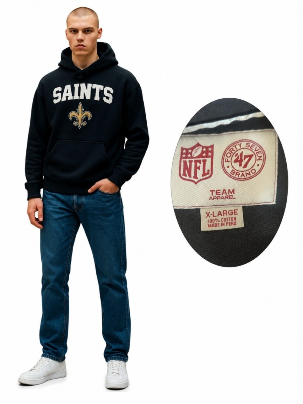 New Orleans Saints Black Hoodie 47 Brand NFL Football Cotton Fleece Sz XL